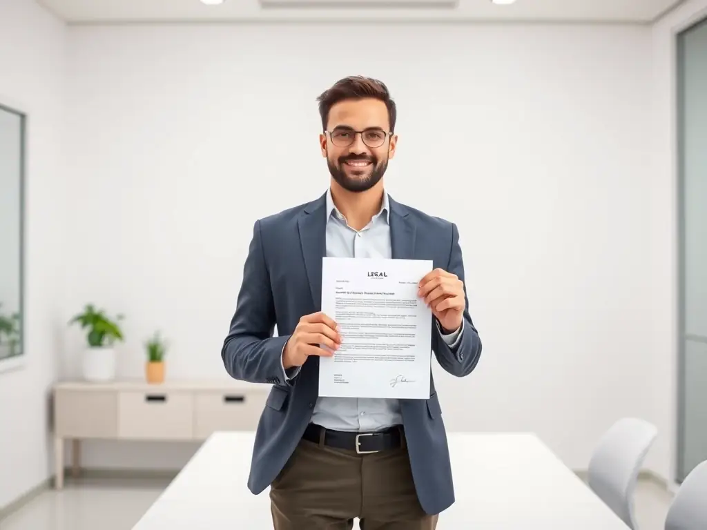 A person confidently holding a small claims letter, representing a successful resolution of a legal dispute with FairGoLegal. The background is a clean, modern office, emphasizing professionalism and efficiency.