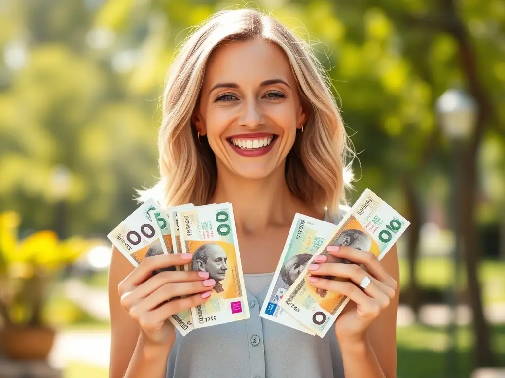 A person happily receiving money back, representing the service of getting refunds.