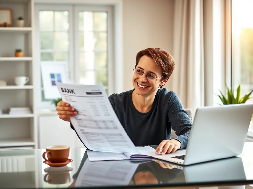 A person smiling while reviewing a bank statement, indicating a successful bank fee refund claim with FairGoLegal. The setting is a modern home office, conveying convenience and financial relief.