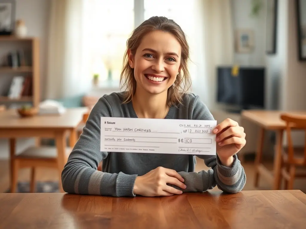 A person happily receiving a rental bond refund check, symbolizing a successful claim with FairGoLegal. The background shows a cozy apartment, emphasizing the ease and satisfaction of the service.